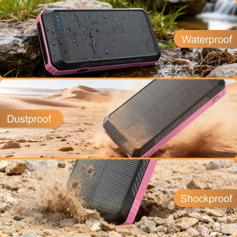 Outdoor Power Bank 33800mAh With Solar Charging And Super Bright LED Flashlight Portable Charger With Built In Cables Wireless Charging And Compass 7 Outputs 4 Inputs shown in waterproof, dustproof, and shockproof scenarios.