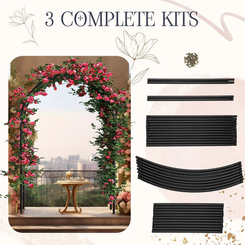 3 Pack Metal Garden Arch Trellis For Wedding Arches And Pergolas 7.9 Feet Tall black trellis with climbing roses in garden