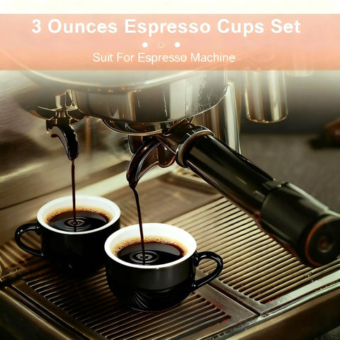 3 Ounce Espresso Cups Set Of Four With Stackable Demitasse Mugs Display Stand Saucers And Spoons For Espresso Machines And Home Use Black And Gold Tone Ideal For Double Shots in use with espresso machine