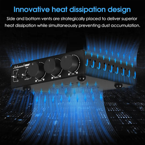 Beast 300W Per Channel Class D Stereo Amplifier showing innovative heat dissipation design with side vents and control knobs