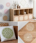 Nine Pack 12x12 Mandala Stencil Set for Painting on Wood Floor Wall Tile Fabric Reusable, showcasing stencil designs on various surfaces.