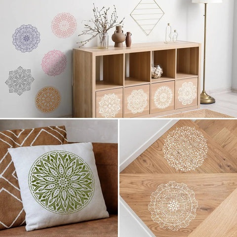 Nine Pack 12x12 Mandala Stencil Set for Painting on Wood Floor Wall Tile Fabric Reusable, showcasing stencil designs on various surfaces.