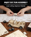 3D Wooden Puzzle Car Model Kit for Adults, Vintage Pull Back Car Build Set With 65 Parts, Easy 1 to 2 Hour Assembly, Classic Retro Auto Design for Hobbyists and Collectors. hands assembling wooden car