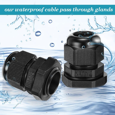 100 Pack 1/2 NPT Black Nylon Cable Glands IP68 Waterproof shown in water environment