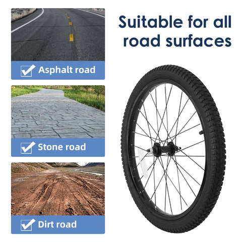 20 Inch Kids Bike Front Wheel Replacement With Solid Air Rubber Tire And Inner Tube, suitable for all road surfaces.