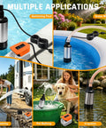 High Power Cordless Submersible Water Pump Kicking Out Standing Water Fast With 1000Gph Brushless Motor And 14 Foot Cable used for pool draining and irrigation.