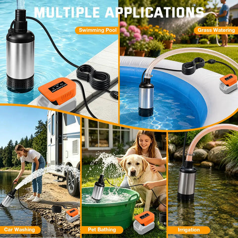 High Power Cordless Submersible Water Pump Kicking Out Standing Water Fast With 1000Gph Brushless Motor And 14 Foot Cable used for pool draining and irrigation.