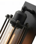 Close-up of Industrial Outdoor Porch Wall Light Sconce Set Of 2 In Matte Black 18 Inch with glass cylinder and steampunk cage