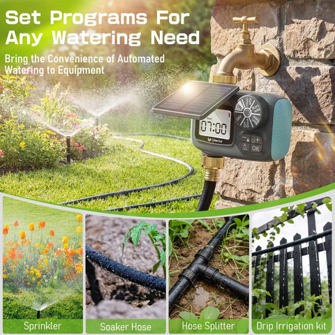Solar Powered Hose Timer With Brass Swivel Programmable Sprinkler Timer Set It And Forget It For Garden And Lawn Rain Delay Manual And Auto Modes Drip Irrigation Ready Outdoor Yard Irrigation System with solar panel and various irrigation setups