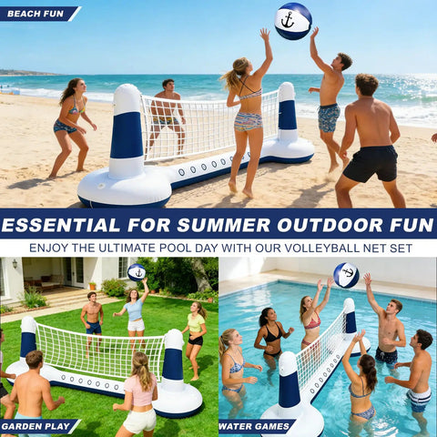 Inflatable Pool Volleyball Set With Yacht Theme Court, 9 Inch Volleyball, Weighted Water Bags, and Easy Setup on beach and pool.