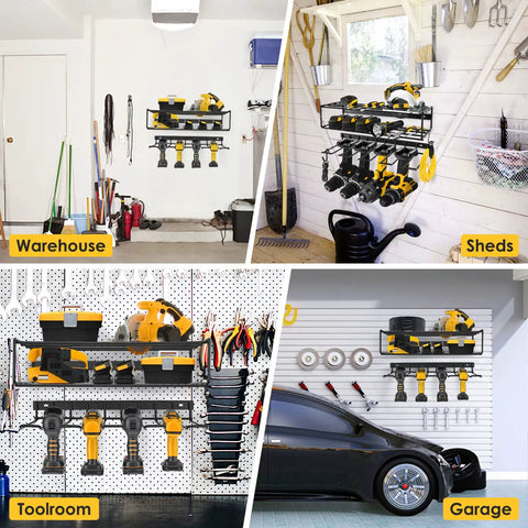 Split Type Power Tool Organizer With Two Independent Pieces Includes Seven Free Tools Wall Mounted Heavy Duty Tool Rack For Cordless Drills And Handheld Tools In The Garage Versatile Vertical Or Horizontal Mount Floating Tool Shelf