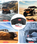Heavy Duty UV-Resistant Waterproof Winch Cover For Electric Winches 8K To 13.5K Lbs. shown on trucks in various weather conditions.