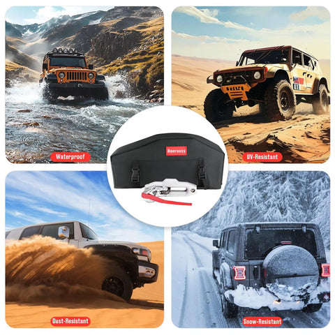 Heavy Duty UV-Resistant Waterproof Winch Cover For Electric Winches 8K To 13.5K Lbs. shown on trucks in various weather conditions.
