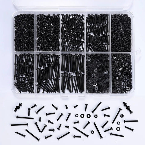 All In One M2 Fastener Set 1300Pcs Hex Socket Button Head Screws Nuts Bolts And Washers In 10.9 Grade Alloy Steel Black Oxide M2 4 6 8 10 12 16 20 Mm Includes Nuts And Lock Washers Heavy Duty Pro Grade Hardware Kit. Open case with sorted black M2 screws, nuts, and washers