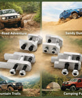 Two Inch Lift Kit For ATV Billet Aluminum Accessory surrounded by off-road adventure cars on diverse terrains