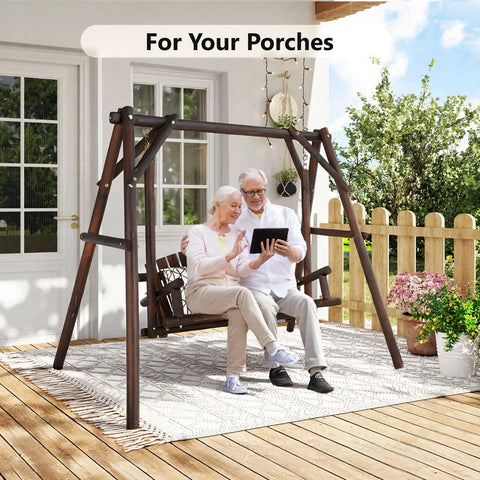 Heavy Duty 880 Lbs Wooden Porch Swing With A Frame Stand For Outdoors And Garden Rustic Sequoia Dusk Finish For Two People