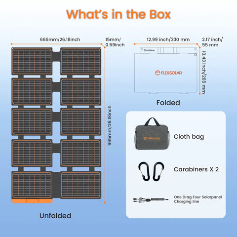 100W Ultra Portable Solar Panel Charger With PD3.0 USB-C, QC3.0 USB-A And DC Outputs, unfolded view, packaging items displayed