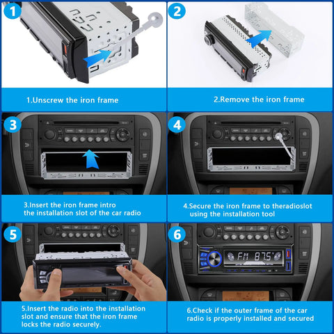 Installation steps for Bluetooth Car Stereo Single DIN With Hands Free Calling Push To Talk Button FM MP3 SD AUX Dual USB Ports iOS And Android App Control 7 LED Color Lighting Equalizer No CD Player Easy Plug In Car Audio Receiver