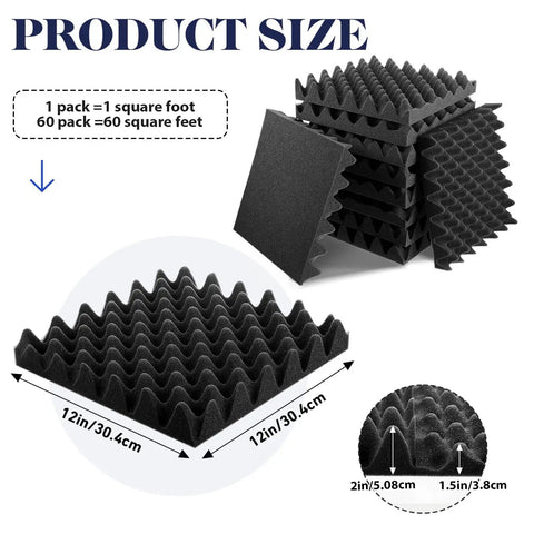 Tight 60 Pack Acoustic Foam Panels Hella Thick Sound Proof Wall Padding 12 X 12 X 2 Inches High Density Noise Dampening Tiles display showing product size and dimensions.