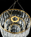 Modern Faux Chandelier Lampshade Featuring A Sleek Gold Frame And Three Tier Faceted Clear Acrylic Beads Ready To Hang For Girls Bedroom Easy Peasy Setup Next Level Bedroom Vibes, close-up of gold frame and clear acrylic.