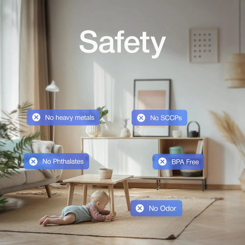 Living room with safety text and icons, emphasizing Clear Corner Guards For Babyproofing Furniture And Table Edges Super Easy 1 Minute Install Durable Edge Bumpers Transparent Protectors To Cover Sharp Corners Kid Safe Home Upgrade Pack Of 18 features like no heavy metals or odor.