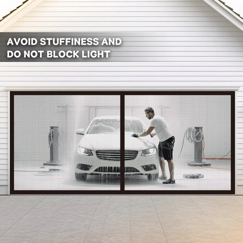 Magnetic Garage Door Screen For 16x7 Double Car Doors Hands Free Walk Through Mesh Curtain With Gravity Sticks in use on garage.