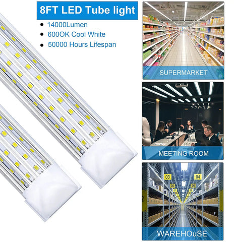 8ft LED tube light in supermarket, meeting room, and warehouse application, showcasing versatility