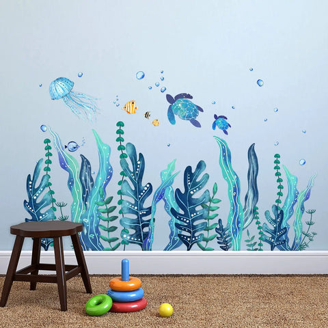 Five Sheets Ocean Sea Turtle Wall Decals Set For Bedroom Nursery And Bathroom Removable Vinyl Under The Sea Decor With Jellyfish, Fish, Seaweed And Grass Graphics, Easy Peel And Stick