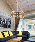 5 Light Metal Drum Chandelier With Wood Grain Shade Round Pendant Ceiling Light in a cozy living room setting