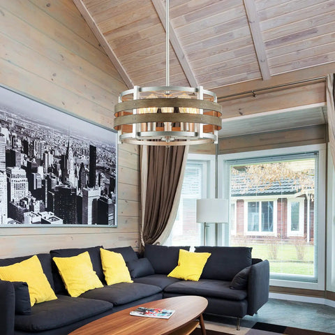 5 Light Metal Drum Chandelier With Wood Grain Shade Round Pendant Ceiling Light in a cozy living room setting