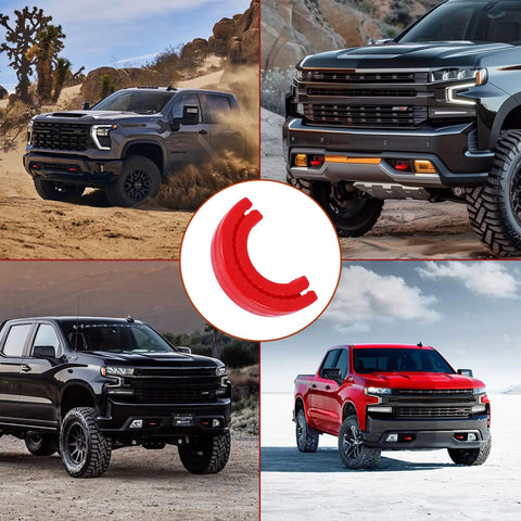 Chevy Silverado 1500 And GMC Sierra 1500 Tow Hook Covers Front Bumper Inserts Custom Fit 2007 2026 trucks in various terrains