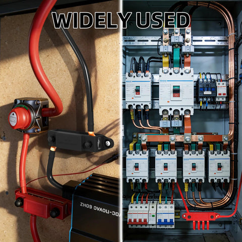 Badass 400A Power Distribution Bus Bar With Six M8 Studs and wiring in a power distribution setup for 12V, 24V, and 48V systems.