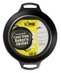 Seasoned Cast Iron Baker’s Skillet with Dual Handles showcasing packaging label, 10.25 inch size, ideal for oven-ready desserts and cooking.