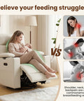 Woman breastfeeding in Electric Swivel Nursing Rocker With Adjustable Armrests And Headrest, Glider Nursery Chair, Beige