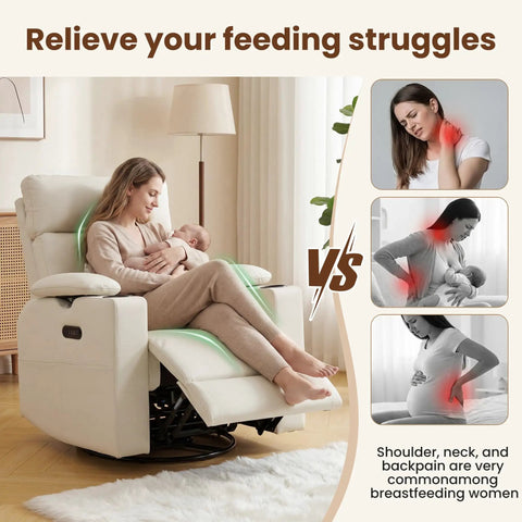 Woman breastfeeding in Electric Swivel Nursing Rocker With Adjustable Armrests And Headrest, Glider Nursery Chair, Beige