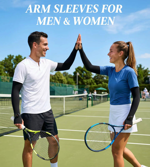 Keep Your Arms Shaded And Locked In With These Adjustable UV Sun Sleeves Featuring A Handy Watch Cutout Thumb Loop And Anti Roll Closure For Effortless Cooling On Every Road Journey. Two people wearing black UV sun sleeves on a tennis court.