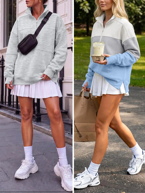 Womens Quarter Zip Sweatshirt With Oversized Hood Light Gray Cozy Lounge Essential Relaxed Fit Everyday Wear Perfect For Chillin