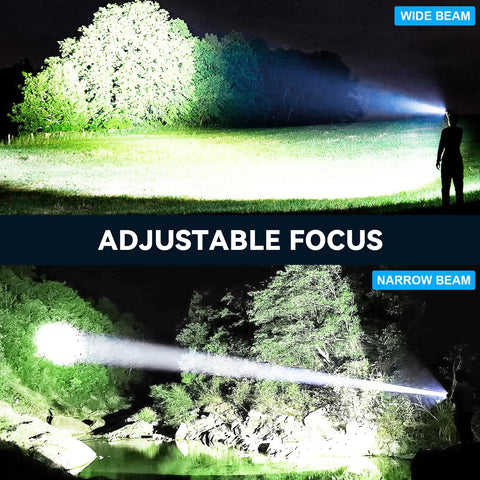 Rechargeable LED Flashlight Beast Bright 100,000 Lumens Tactical Torch showing wide and narrow beam focus at night