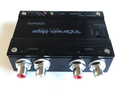 Two Channel Car Audio Line Output Converter with Durable RCA Panel Mount, showing inputs and outputs, top view