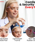 Woman wearing pink clear safety glasses for women with ANSI Z87 shield, showing adjustable nose pad and non-slip rubber grips.