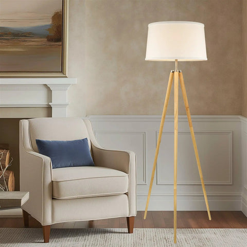 Mid Century Inspired Tripod Floor Lamp With Energy Efficient LED Bulb Natural Wood Legs And White Shade 60.5 Inch Tall Modern Living Room Lighting For A Cozy Vibe And Home Ambience