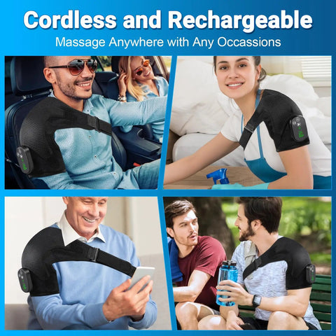 People using Cordless Shoulder Heating Pad With Massager Portable Upper Back And Shoulder Warmer in different settings