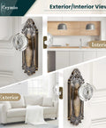 Crystal Door Knob Set With Antique Brass Base Vintage Passage Glass Door Handles For Bedroom Bathroom Hallway And Closet Durable Solid Metal Hardware Kit Easy Install With Adjustable Backset shown in interior and exterior views of a home.
