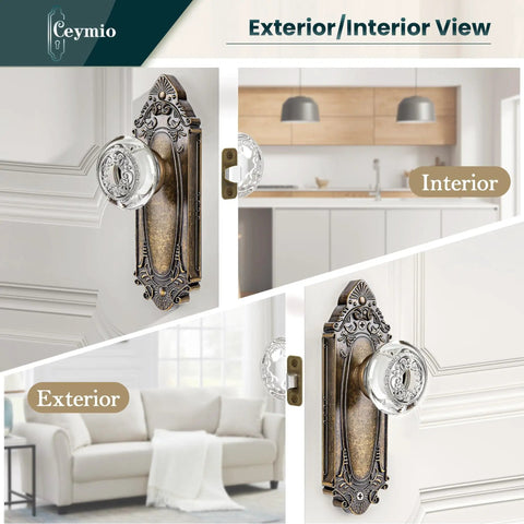 Crystal Door Knob Set With Antique Brass Base Vintage Passage Glass Door Handles For Bedroom Bathroom Hallway And Closet Durable Solid Metal Hardware Kit Easy Install With Adjustable Backset shown in interior and exterior views of a home.