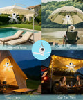 Portable Tent Fan With Built In Lights And Remote USB Rechargeable Camping Fan shown in four outdoor settings