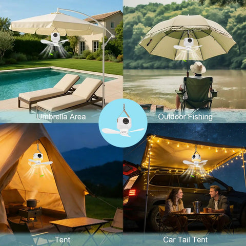 Portable Tent Fan With Built In Lights And Remote USB Rechargeable Camping Fan shown in four outdoor settings
