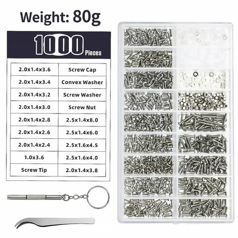 Rock Solid Stainless Steel Watch Screws And Nut Assortment With Precision Screwdriver Set For Micro Glasses Repair and Watchmaking Quick Fixes, 1000 pieces in organizer.