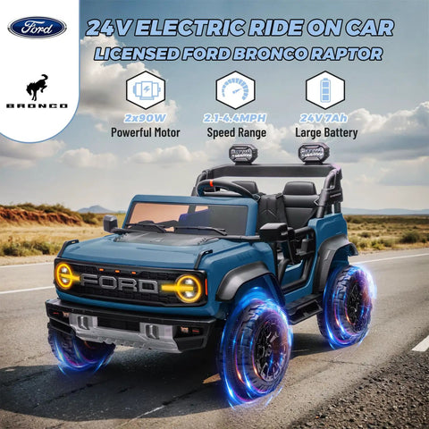 2 Seater Ride On Car For Kids 24V Licensed Ford Bronco Raptor Electric Ride On Truck on a road highlighting speed and features.