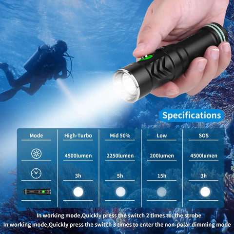 Person holding Underwater Dive Light Rechargeable Waterproof Flashlight With Battery Level Indicator Strobe And Dim Modes for diving