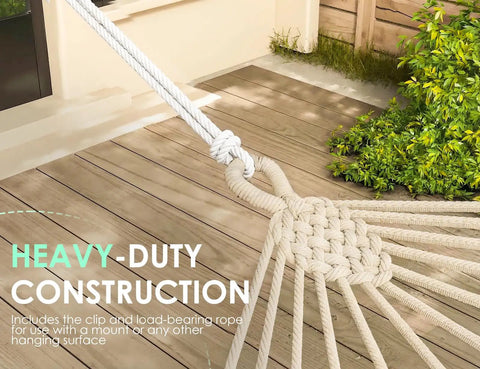 Close-up of rope and knot, highlighting the heavy-duty construction of a two-person double hammock with oversized spreader wooden bar.
